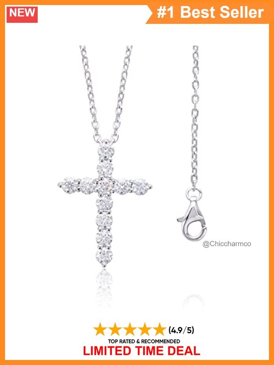 Jewelry - Moissanite Cross Pendant Necklace Sterling Silver 18K Gold Plated